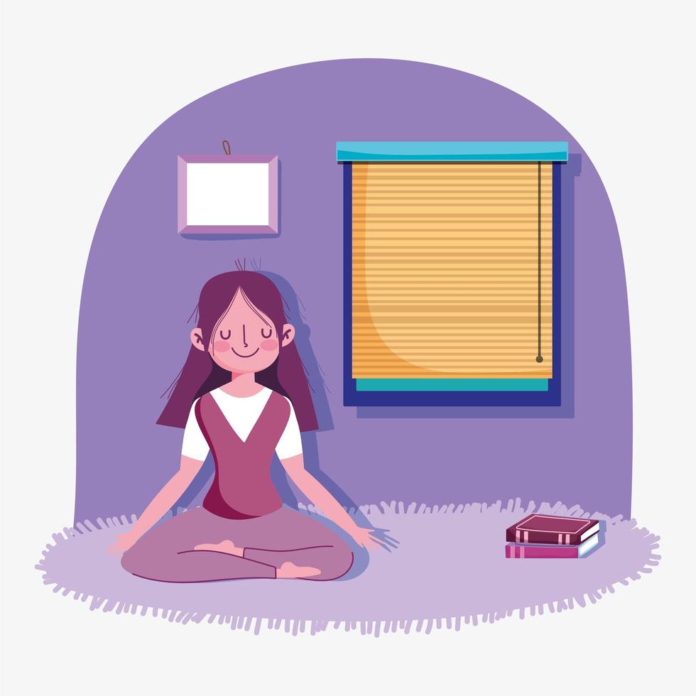 niña meditando en casa vector