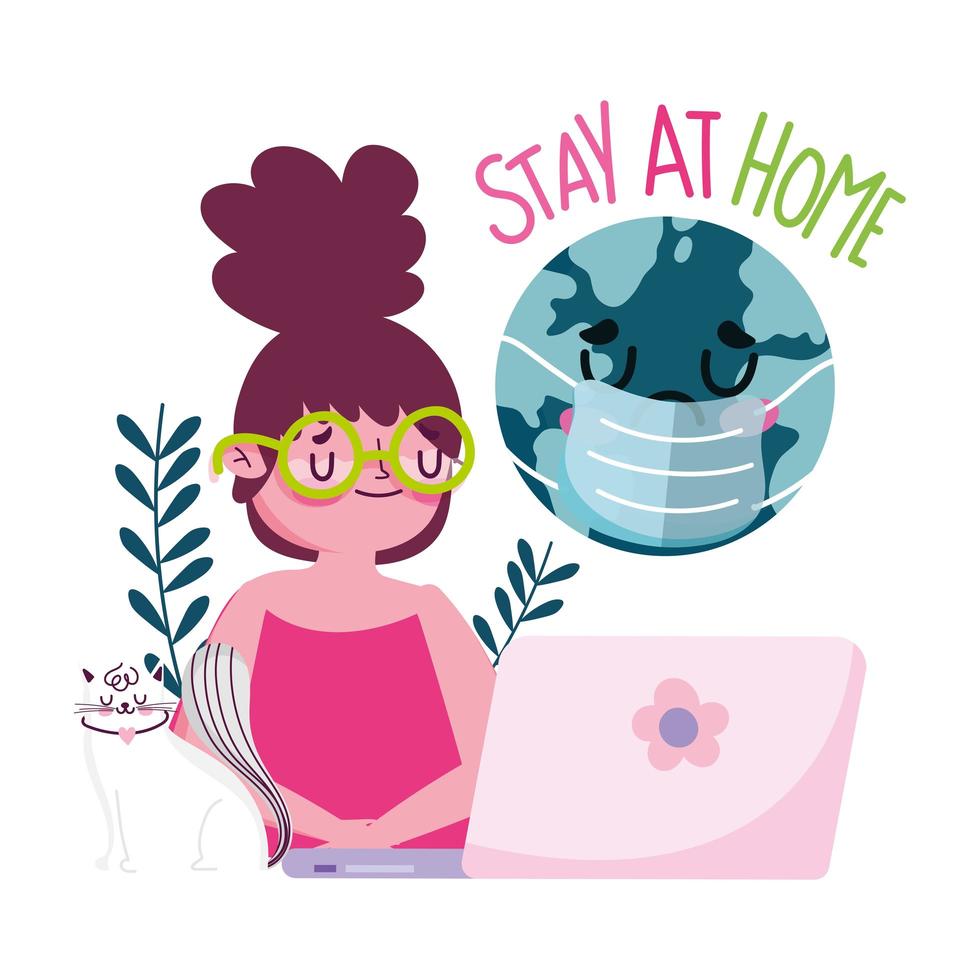 Young girl with cat and sad globe vector