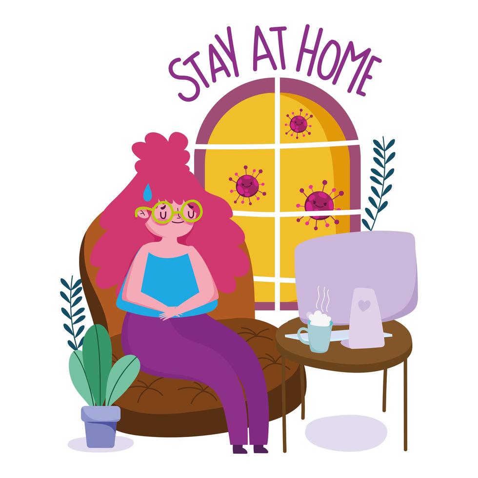 Young woman quarantined at home vector