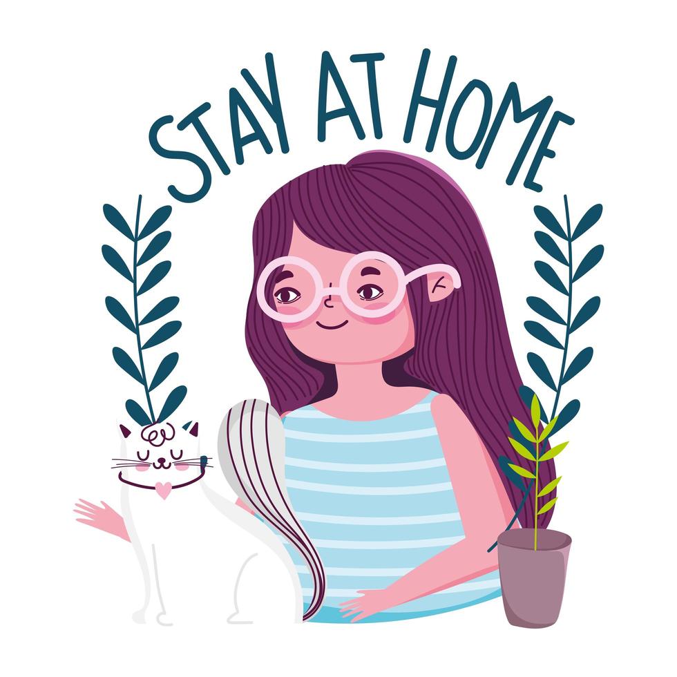 mujer joven con gato blanco, quédate en casa banner vector