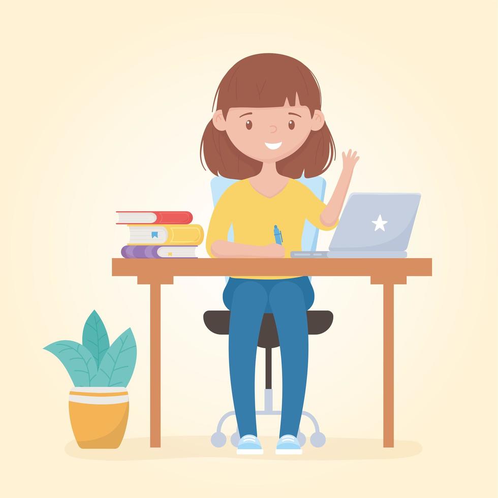 Teenage girl studying with laptop and books vector