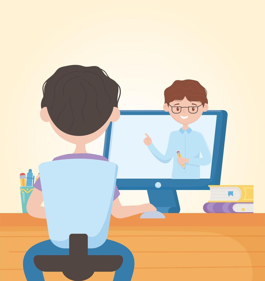 Young man studying online with teacher on computer screen vector