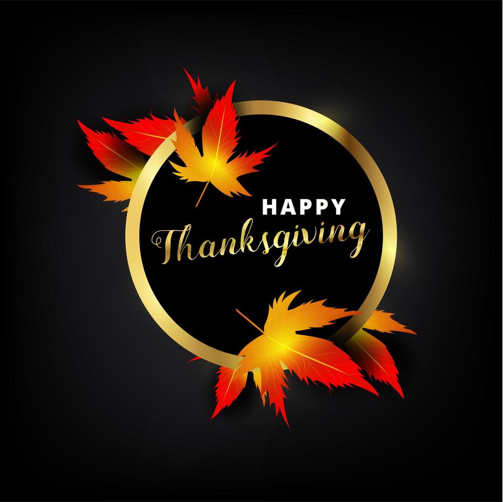 Happy Thanksgiving text in golden metallic frame with leaves vector