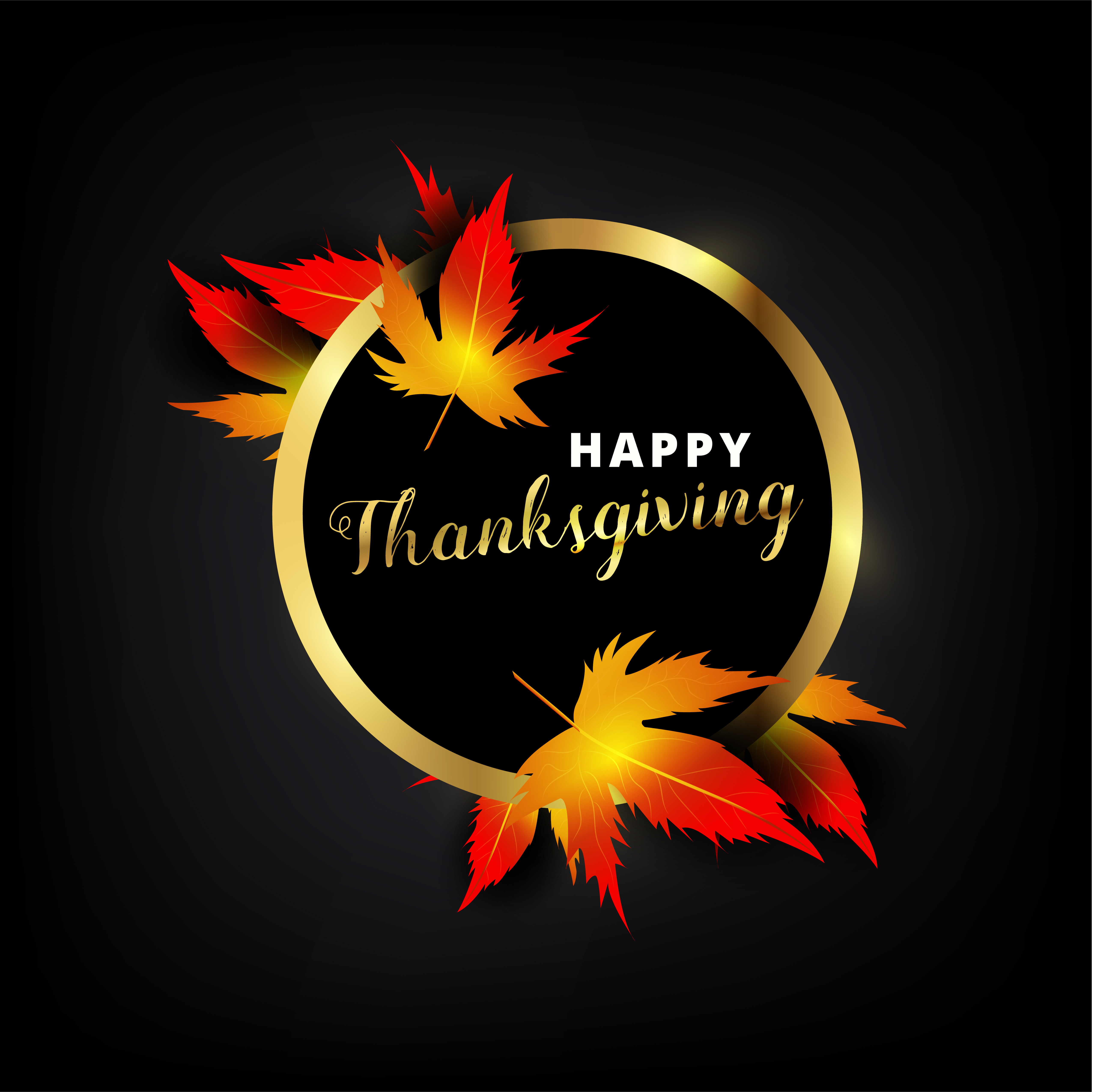 Happy Thanksgiving text in golden metallic frame with leaves 1260902