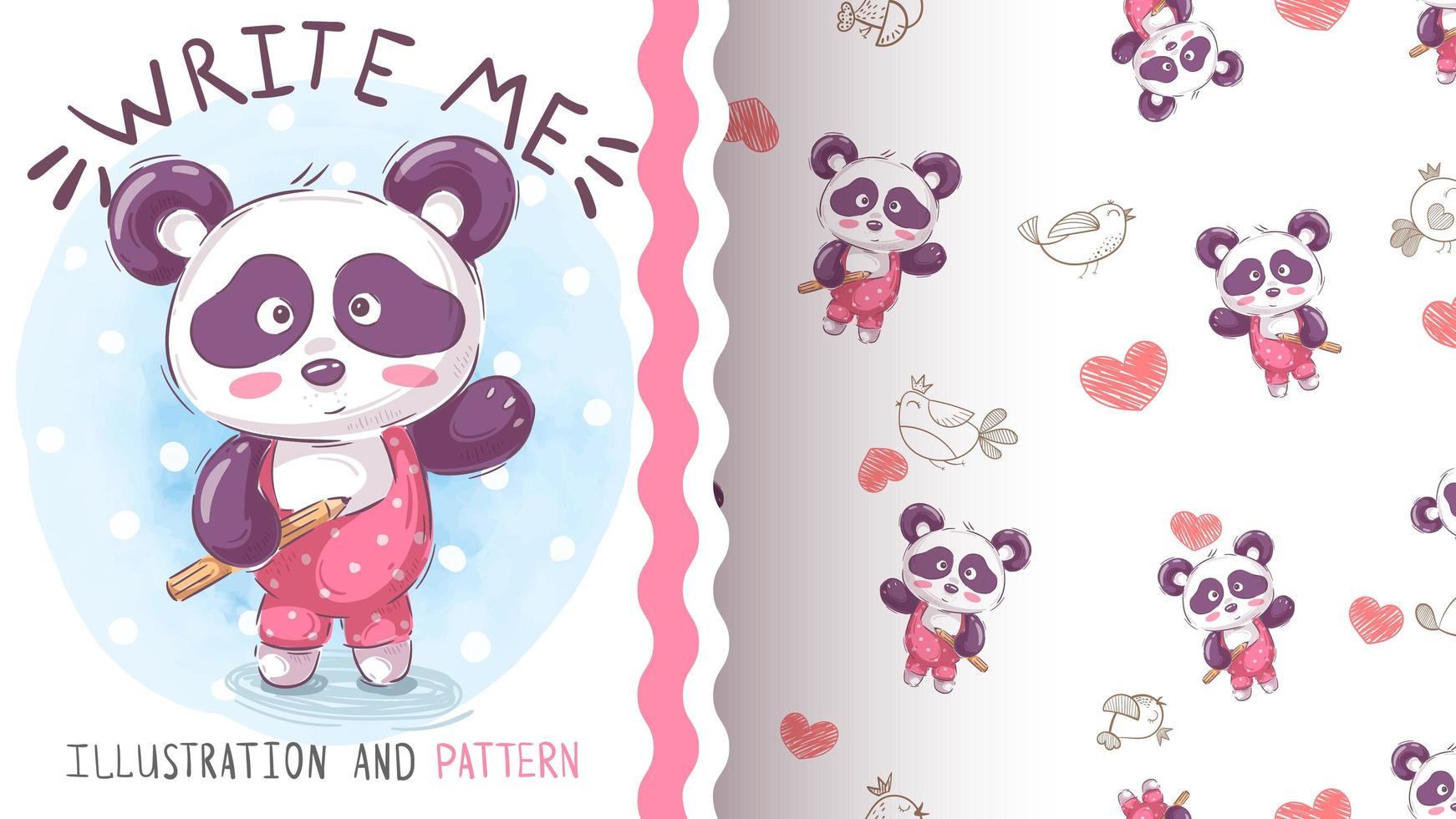 Watercolor panda character and seamless pattern vector