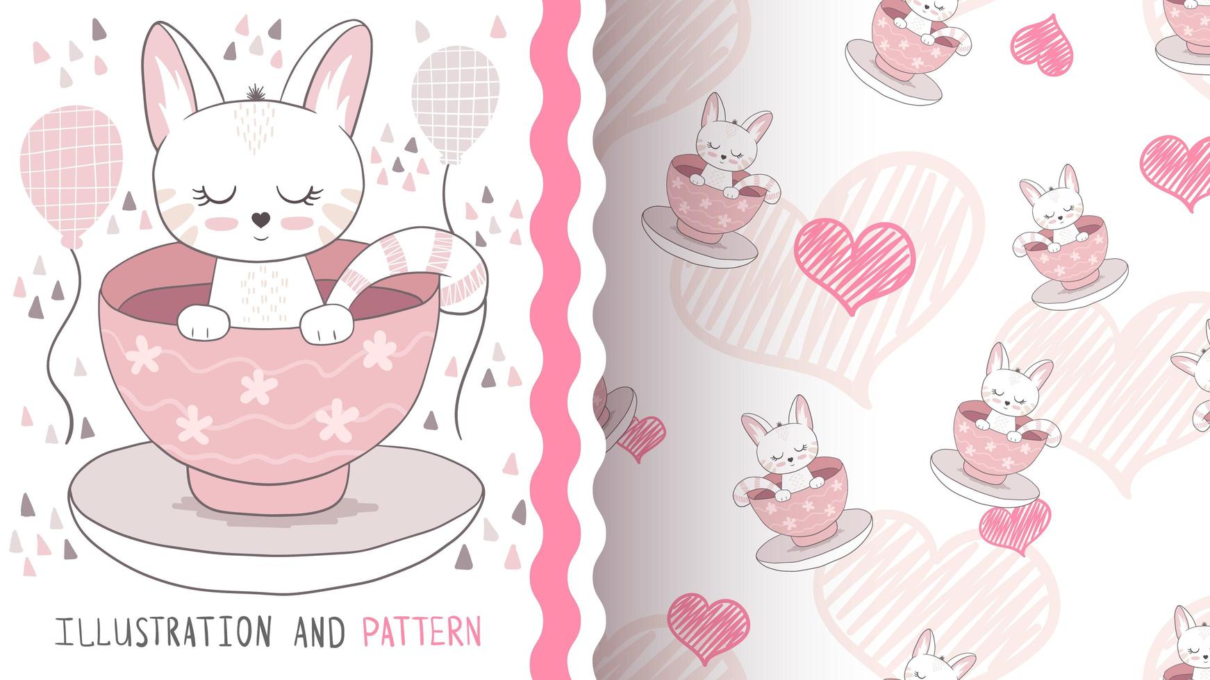 Cat in cup character and seamless pattern vector