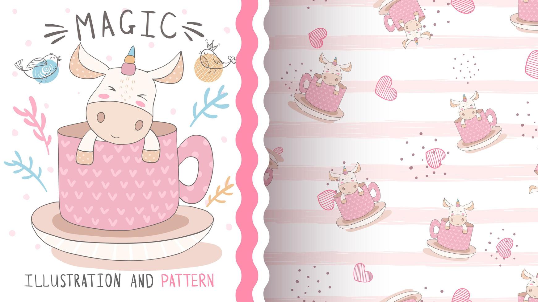 Cute magic unicorn character and seamless pattern vector