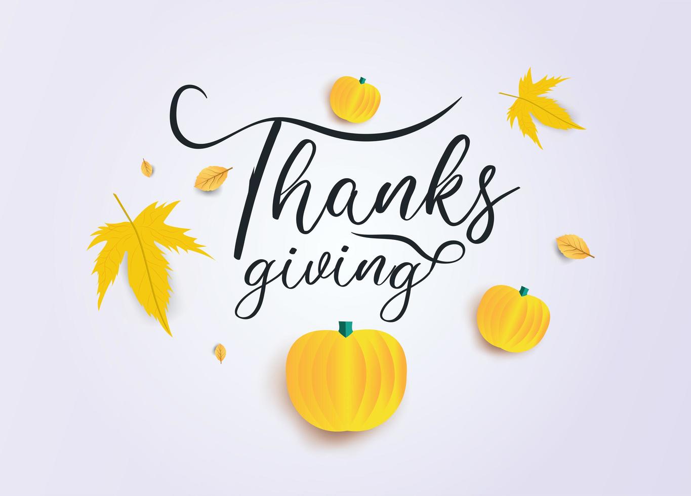 texto de acción de gracias con calabazas y hojas de otoño en gris vector