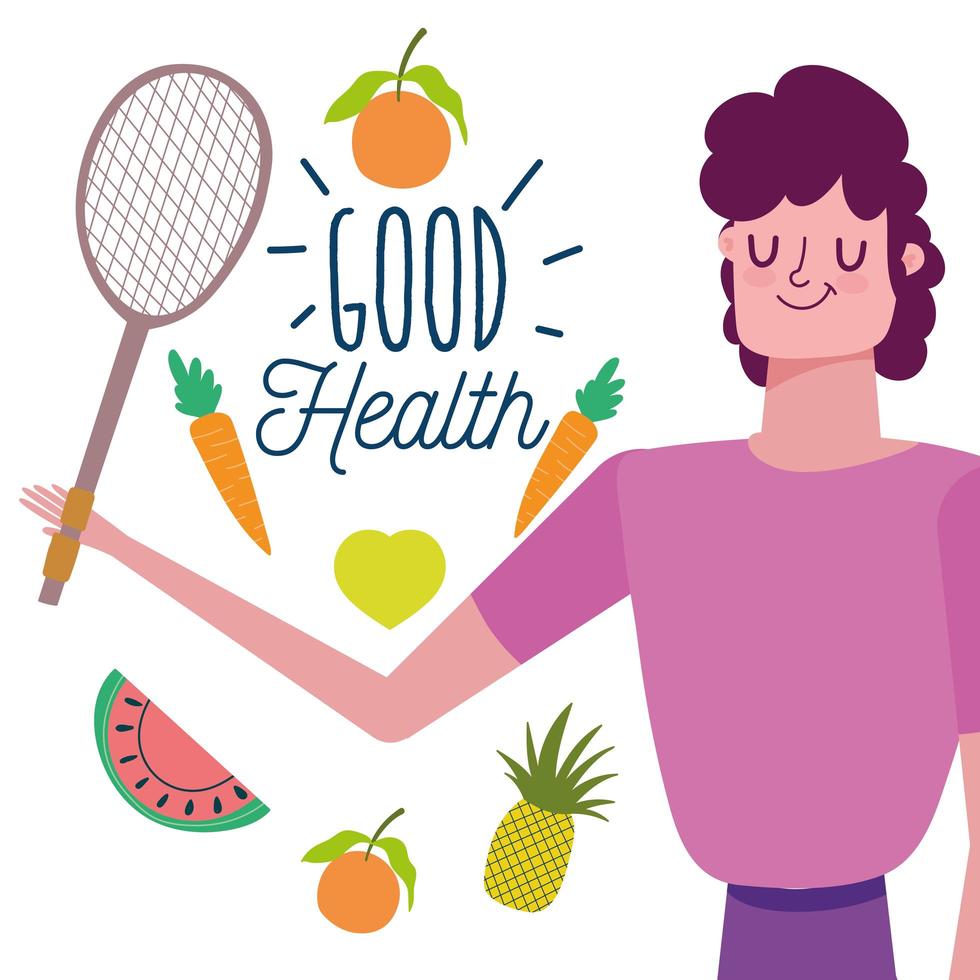 Man with healthy fruits, vegetables and racket vector