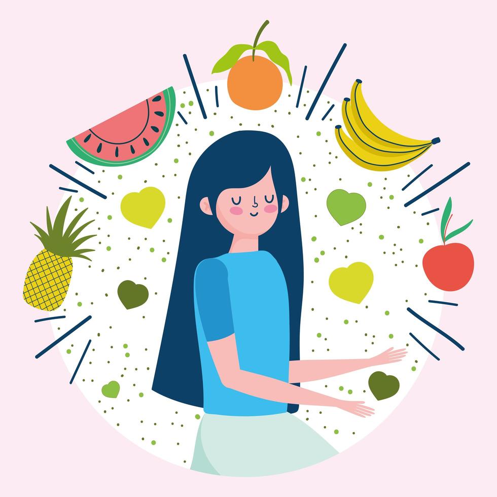 mujer joven con frutas frescas y saludables vector