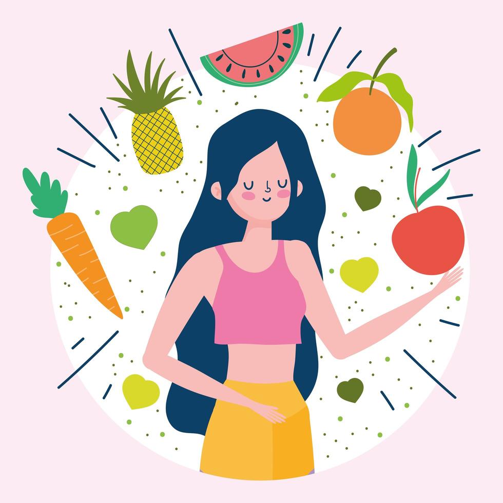 mujer joven con frutas y verduras frescas y saludables vector