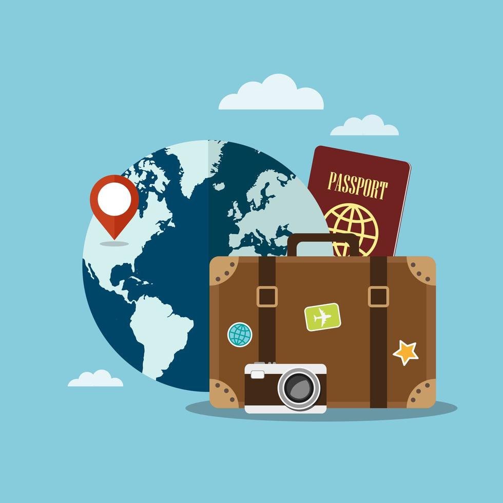 maleta y artículos de viaje frente al mundo. vector