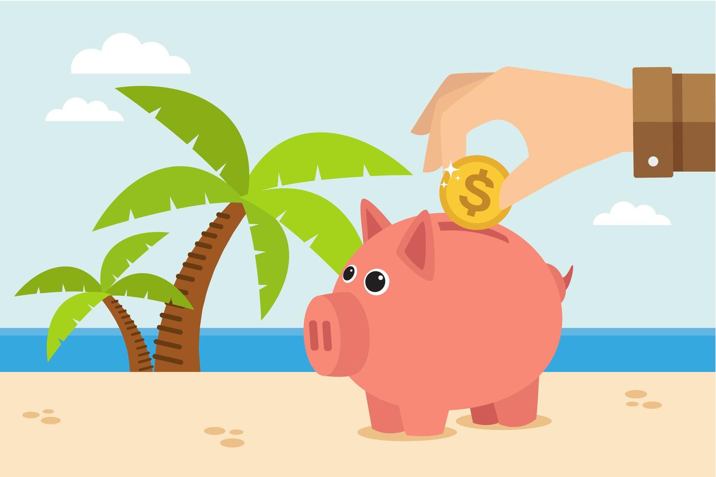 Hand putting coin in piggy bank on the beach vector