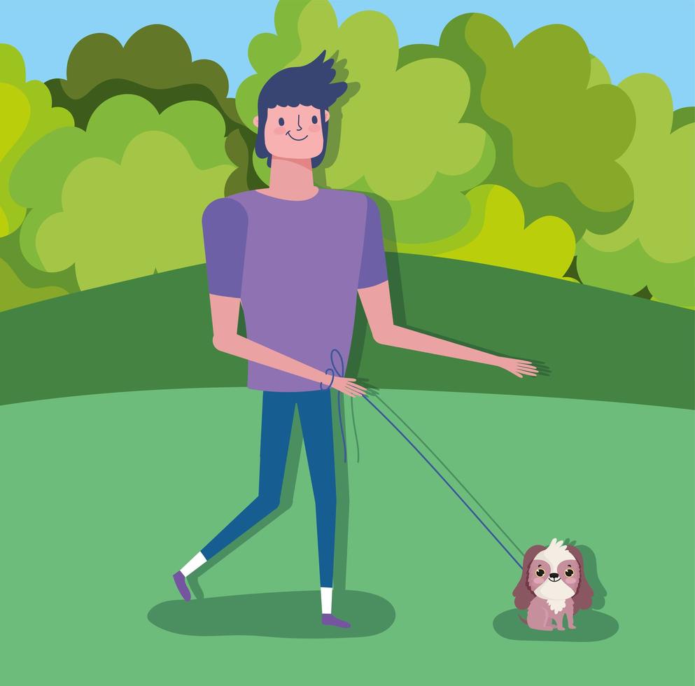 Happy man walking the dog outdoors vector