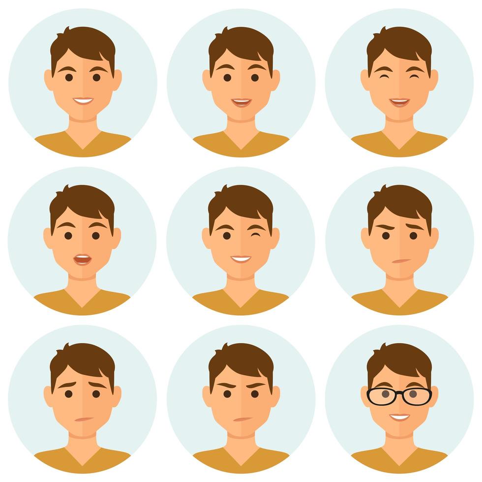 hombre, expresiones faciales, avatar, conjunto vector