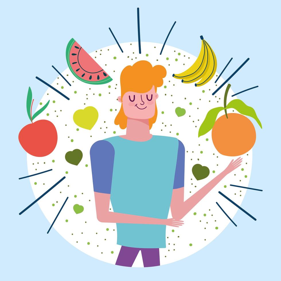 hombre con frutas tropicales saludables vector