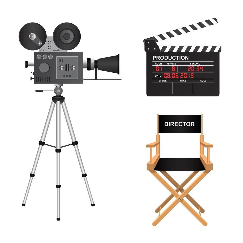 Retro cinema projector, clapper board and director chair  vector