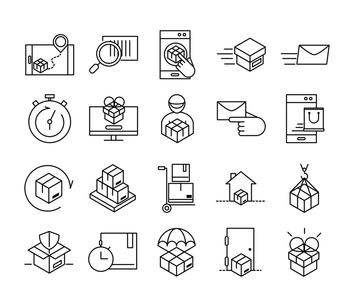 Delivery and logistics outline pictogram icon pack vector