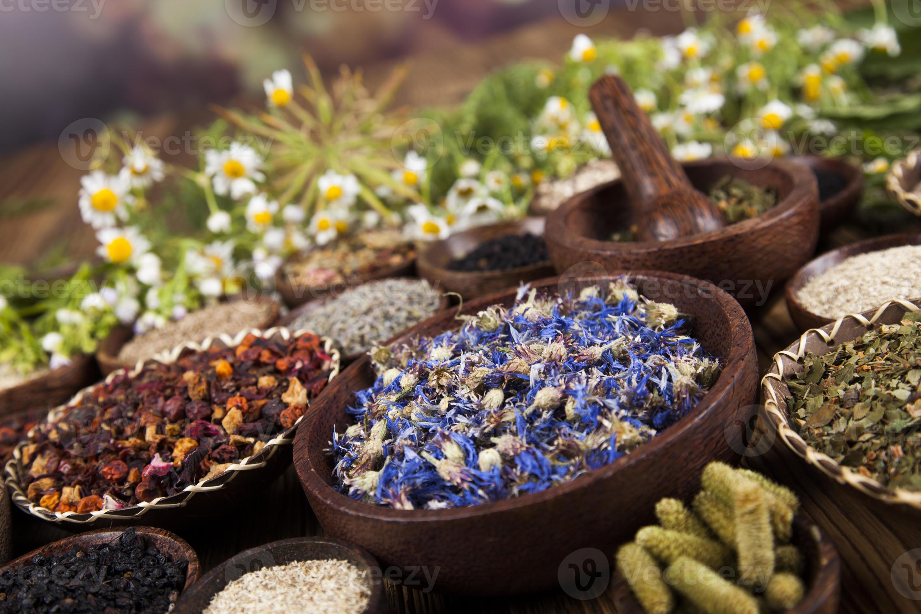 Alternative medicine, dried herbs background 1261217 Stock Photo at