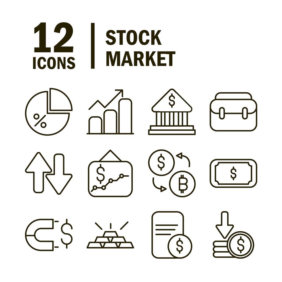 mercado de valores y colección de iconos de pictogramas financieros vector