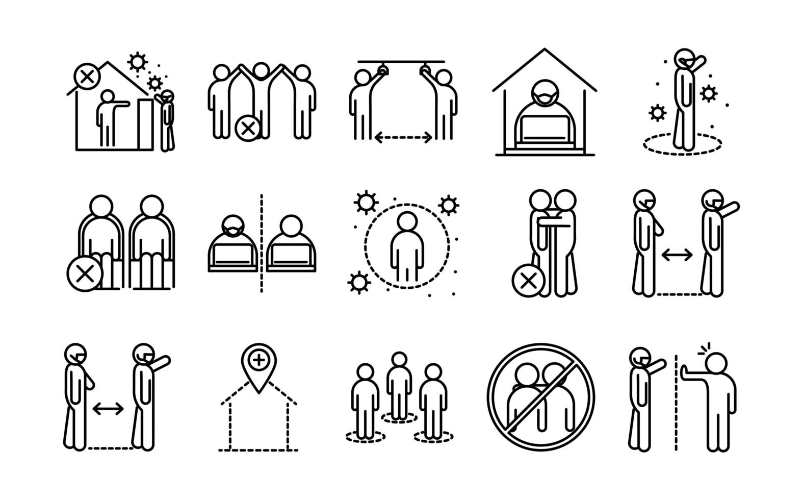 Coronavirus and social distance outline pictogram icon collection vector