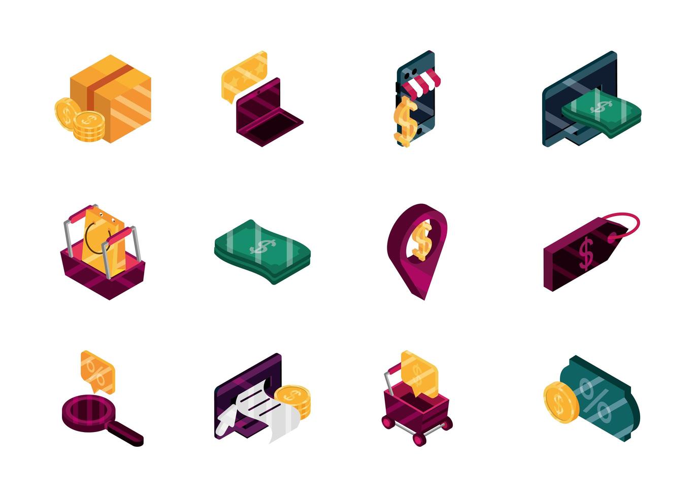 Online shopping and commerce isometric icon pack vector