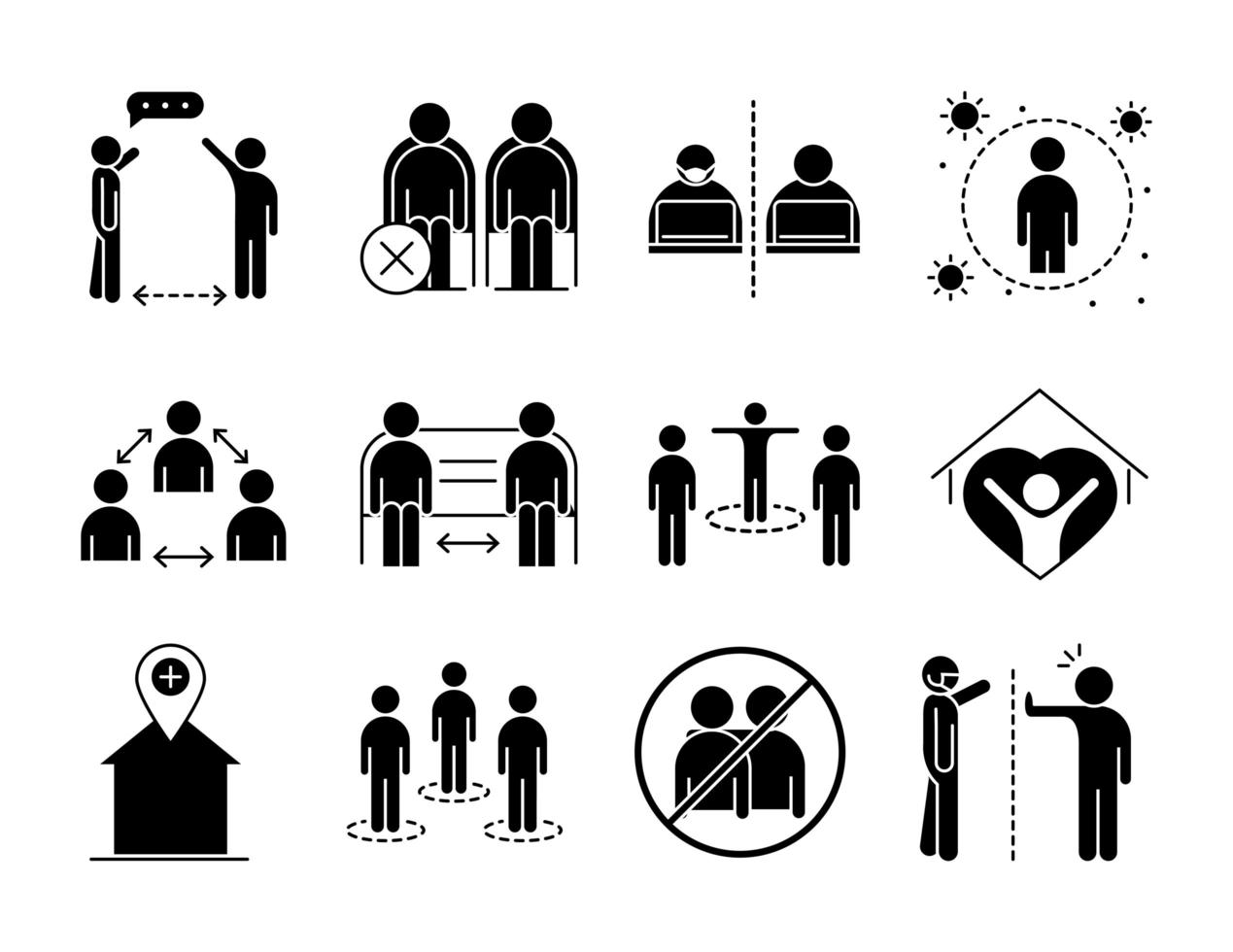 paquete de iconos de pictograma de silueta de distancia social vector