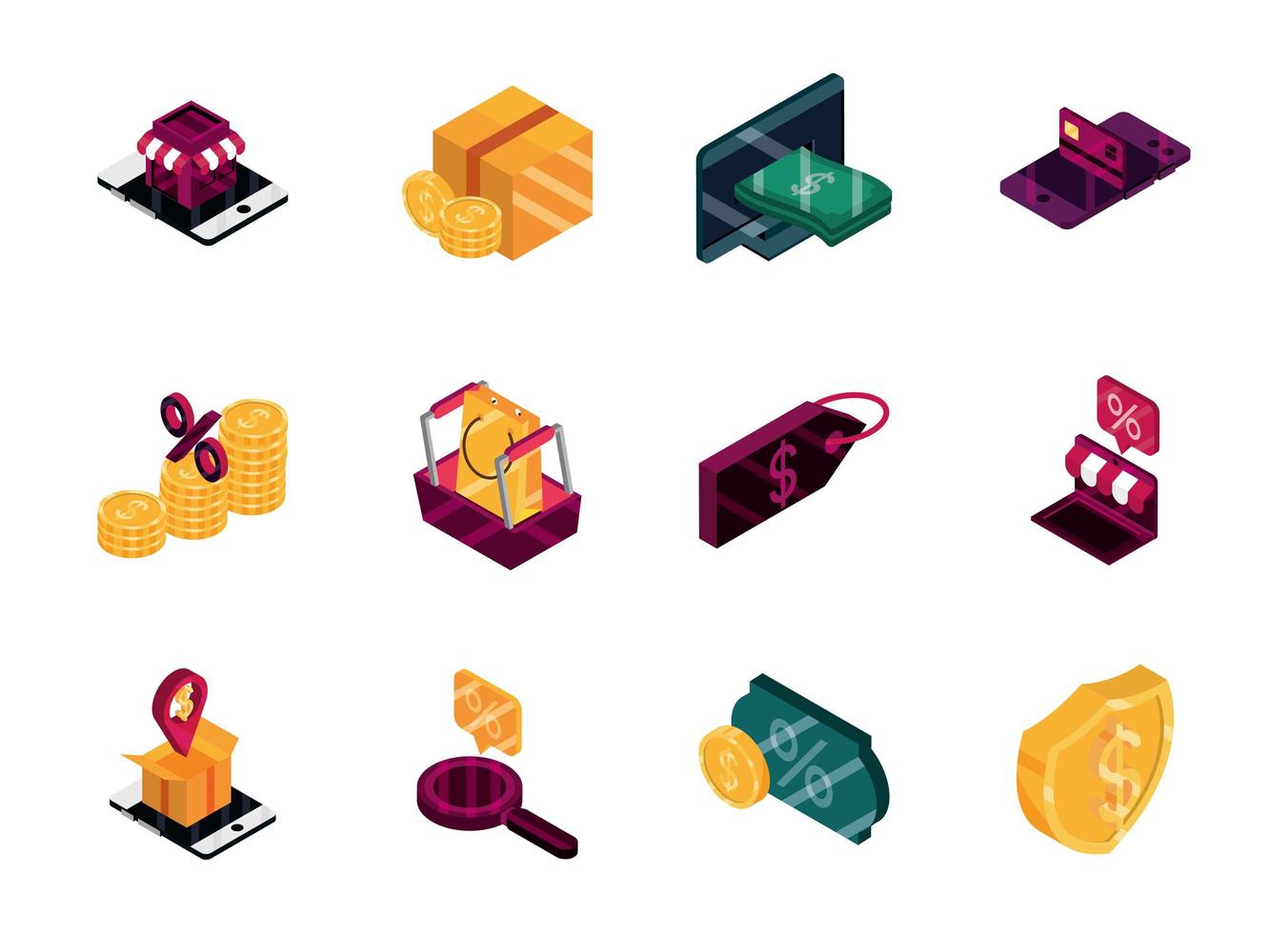 Online shopping and commerce isometric icon set vector