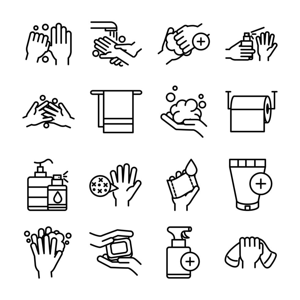 Surtido de iconos de pictogramas de control de infecciones e higiene de manos vector