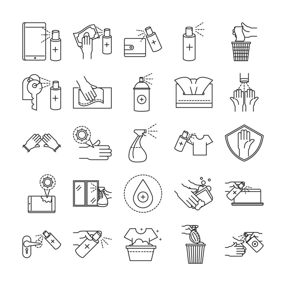 Cleaning and disinfection outline pictogram icon set vector