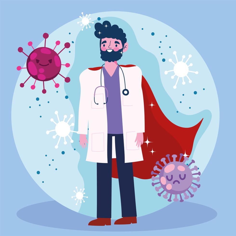 Doctor as a hero on a cute virus background vector