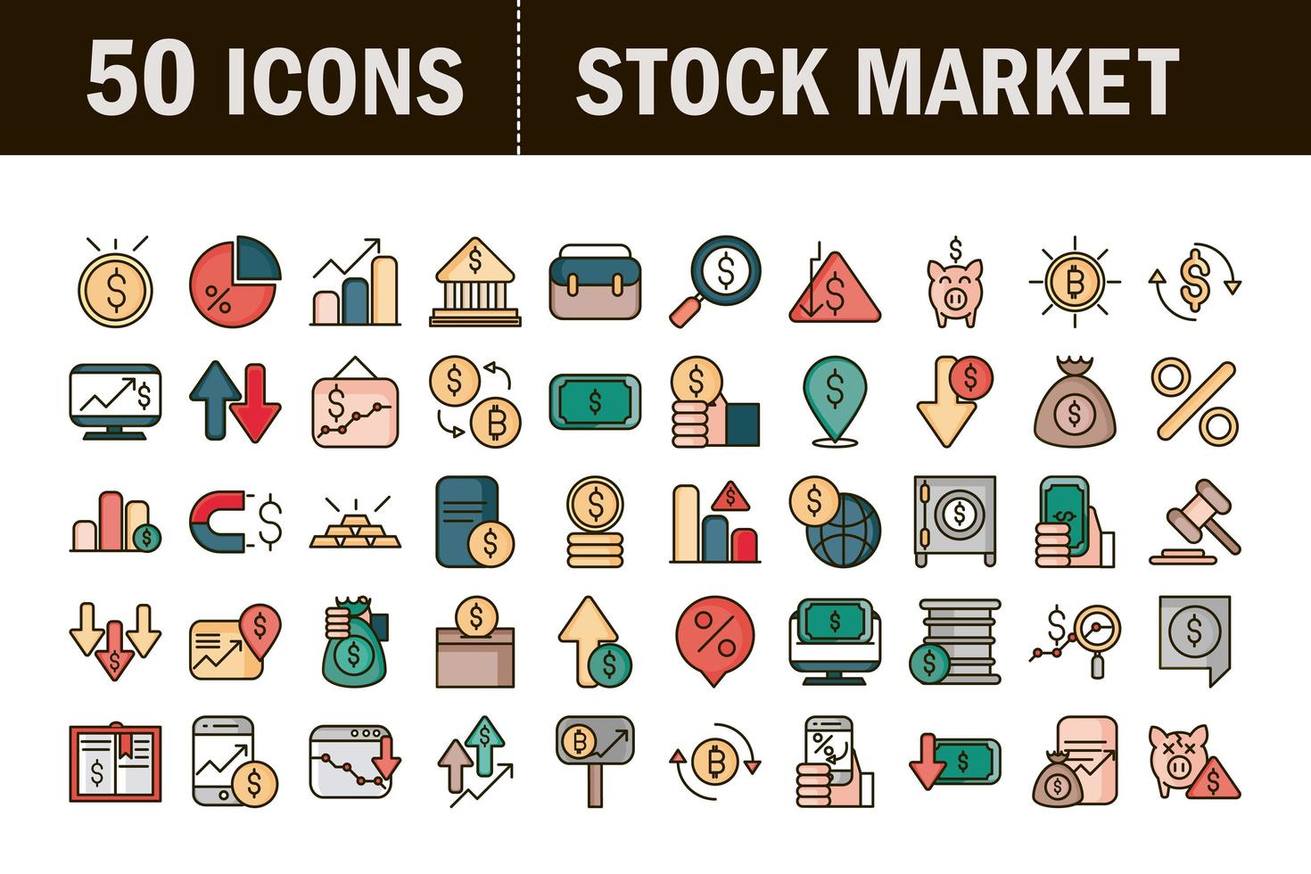 Stock market and financial line and fill color icon collection vector