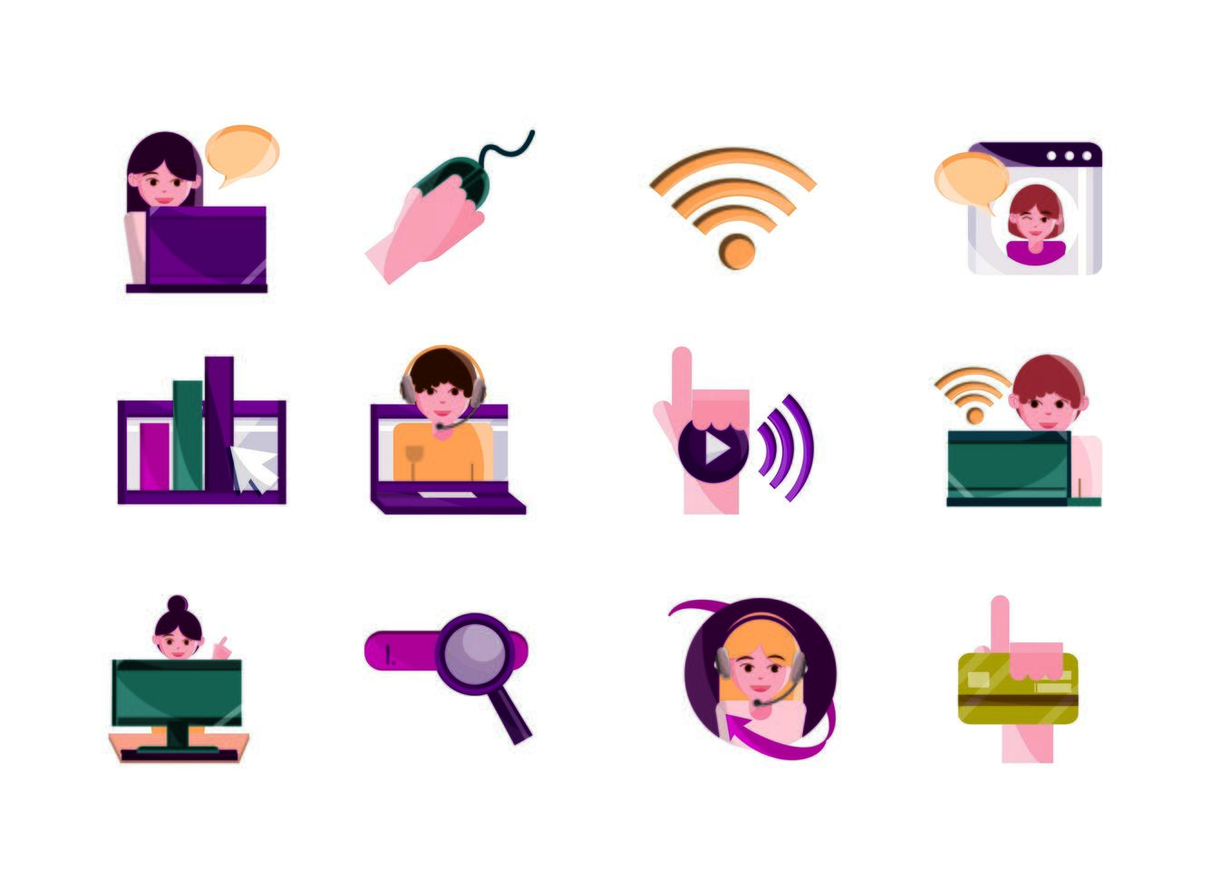 Online activities and digital communication icon pack vector