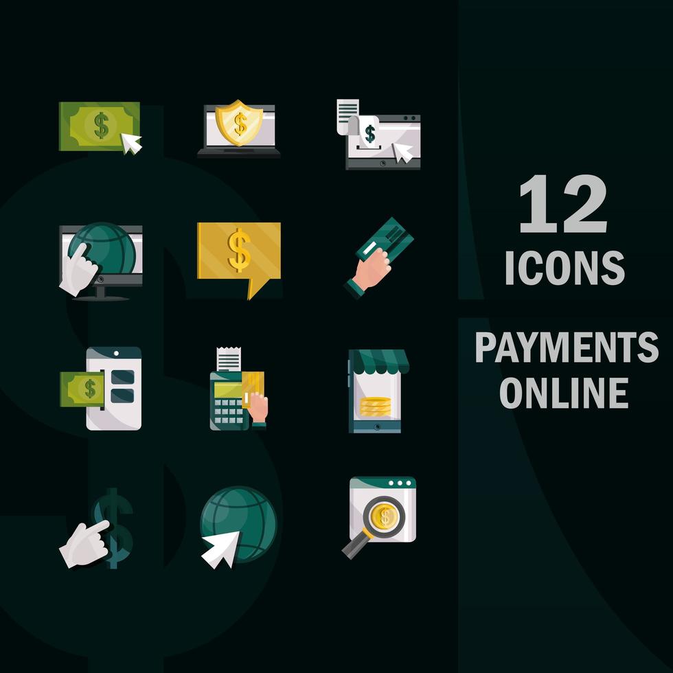 Online payment and finances flat-style icon pack on black background vector