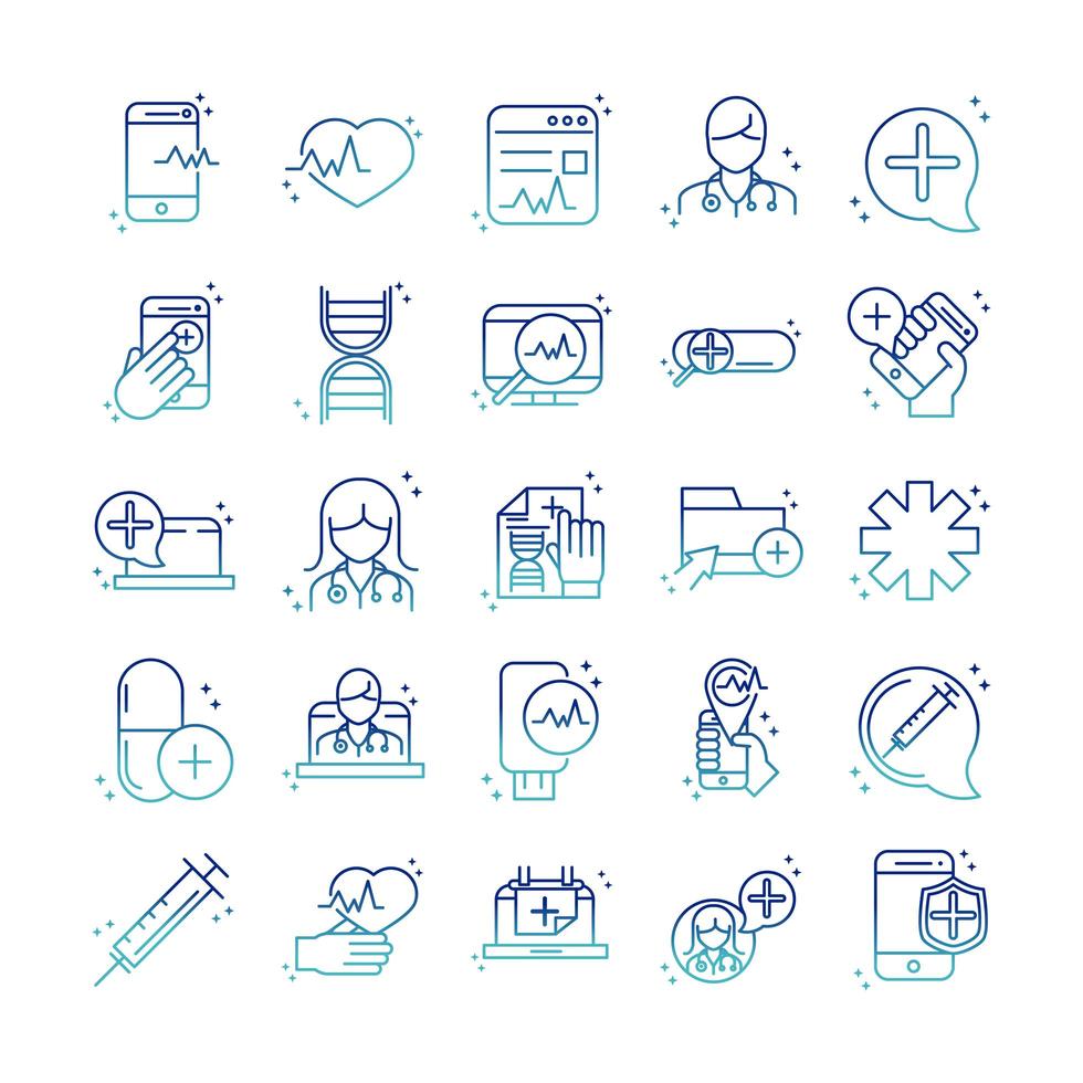 Online health and medical assistance icon pack on gradient style vector