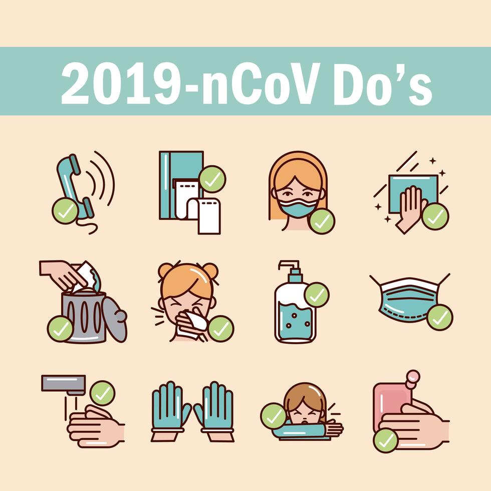 Covid-19 prevention line and fill, colored icon collection vector