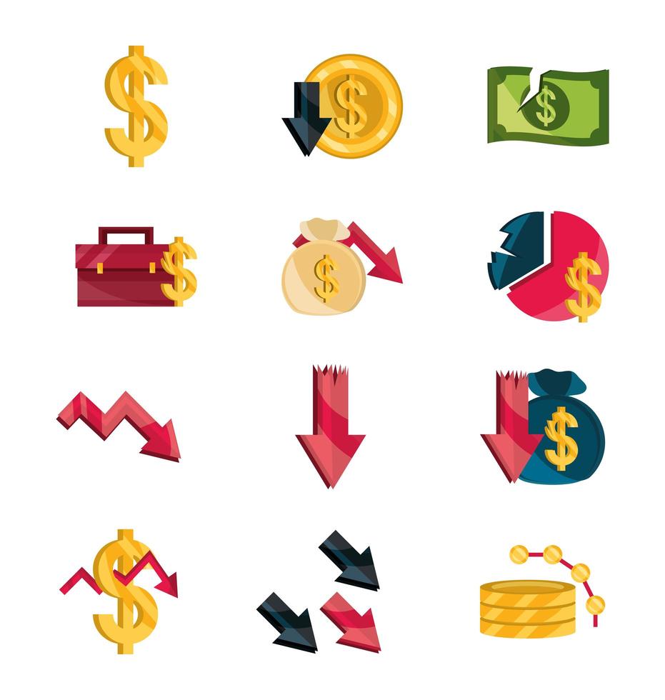 Stock market and economic crisis icon pack vector