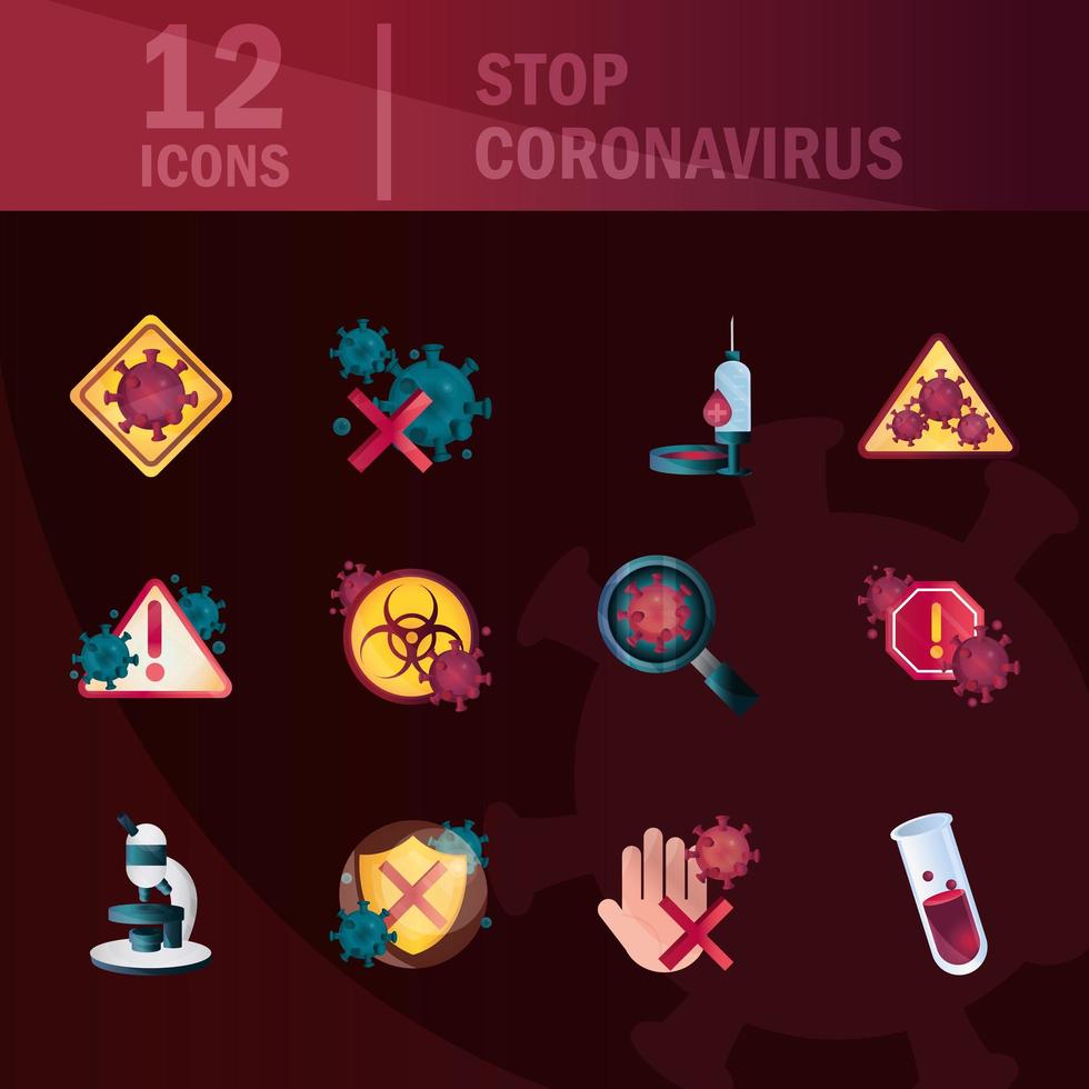Coronavirus and viral infection control icon collection on dark background vector