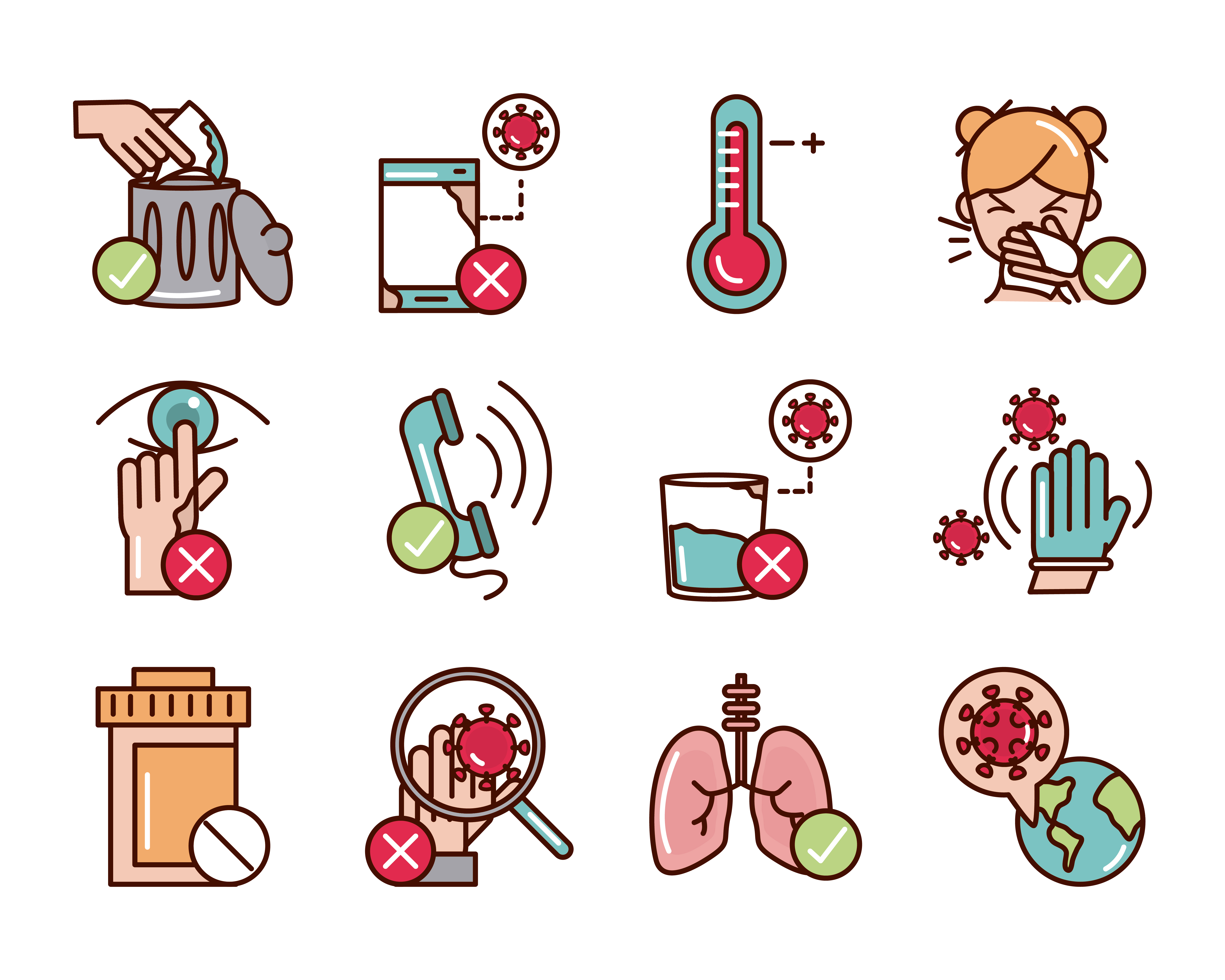 Covid-19 prevention line and fill, colored icon pack ...
