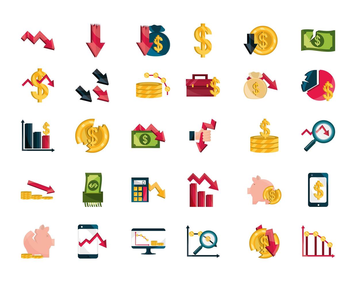 Stock market and economic crisis icon set vector