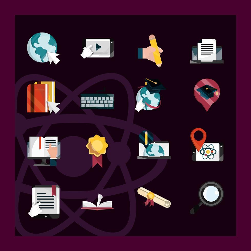 Online education flat-style icon set on dark background vector