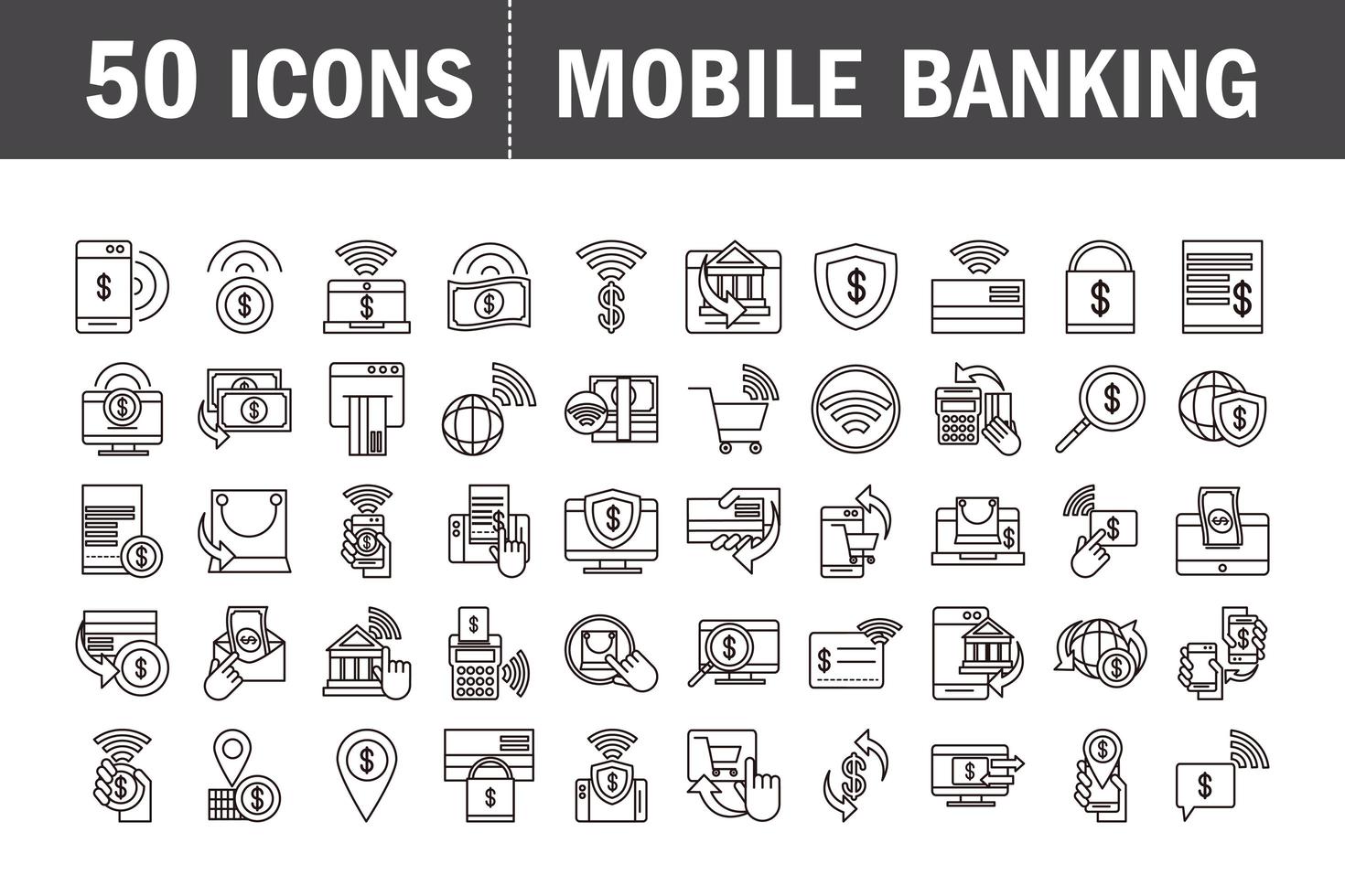 conjunto de iconos de pictogramas de banca móvil y comercio electrónico vector