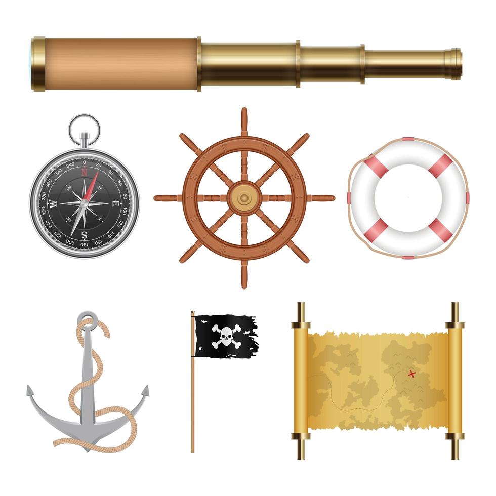 conjunto de objetos piratas de mar aislado vector