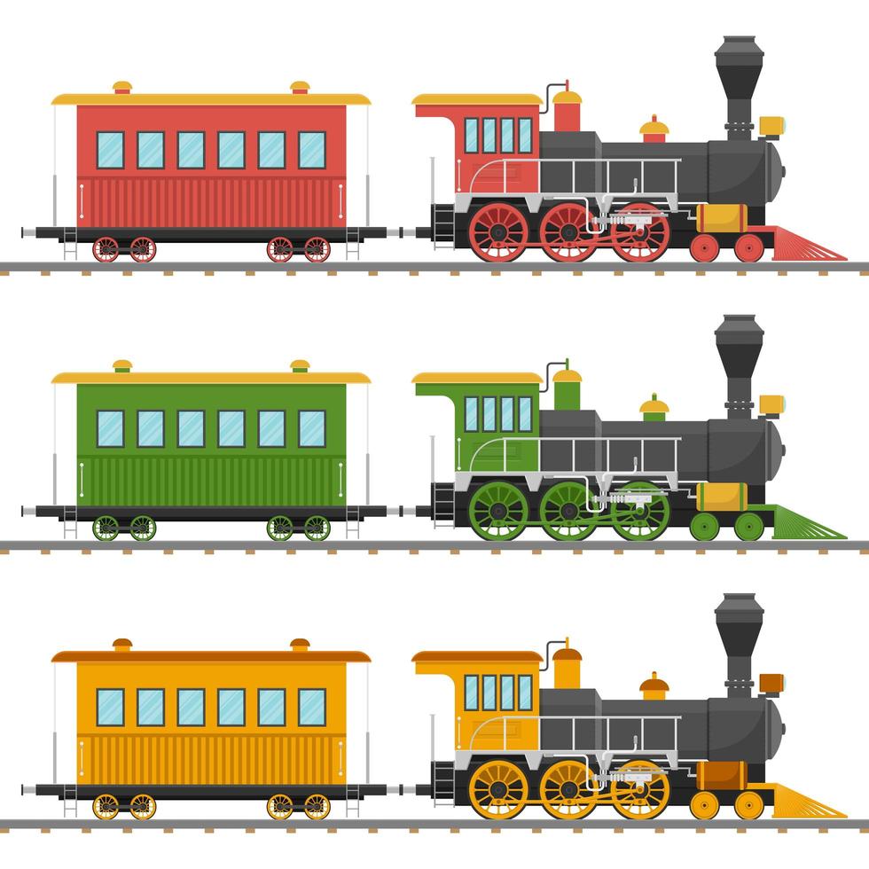 Coloridas locomotoras y vagones de vapor vintage vector