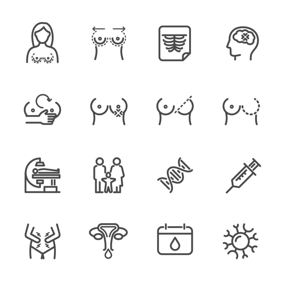 Breast problems and women health pictogram icon set vector