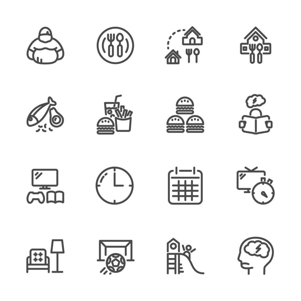 Causes and prevention of obesity, pictogram icon set vector