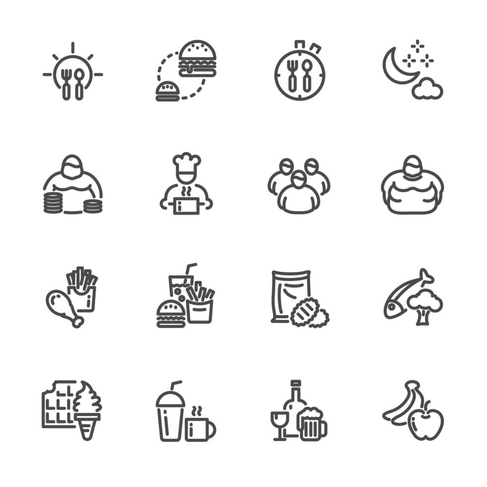 factores de riesgo del comportamiento de obesidad, conjunto de iconos de pictogramas vector