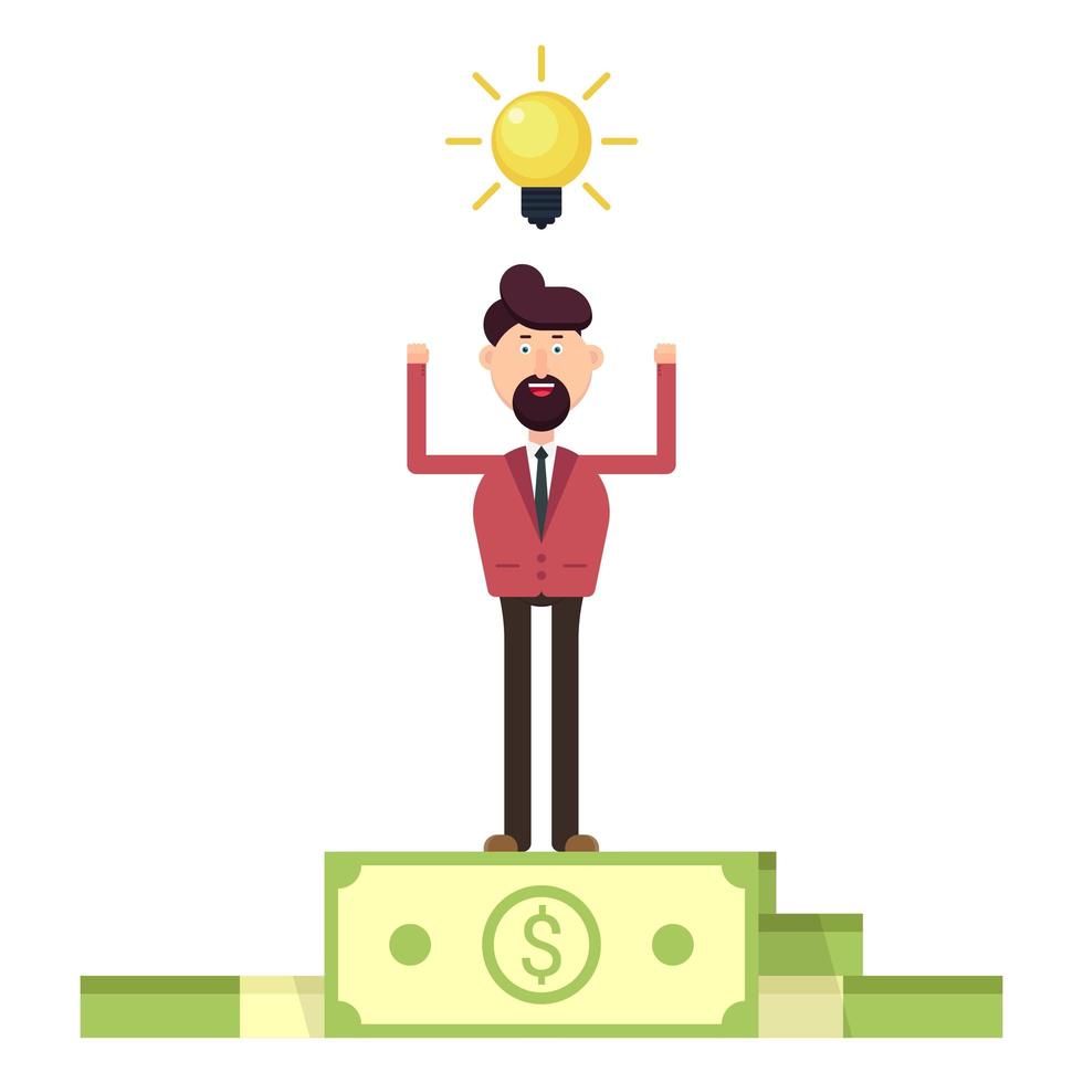 Businessman with an idea standing on a pile of money vector