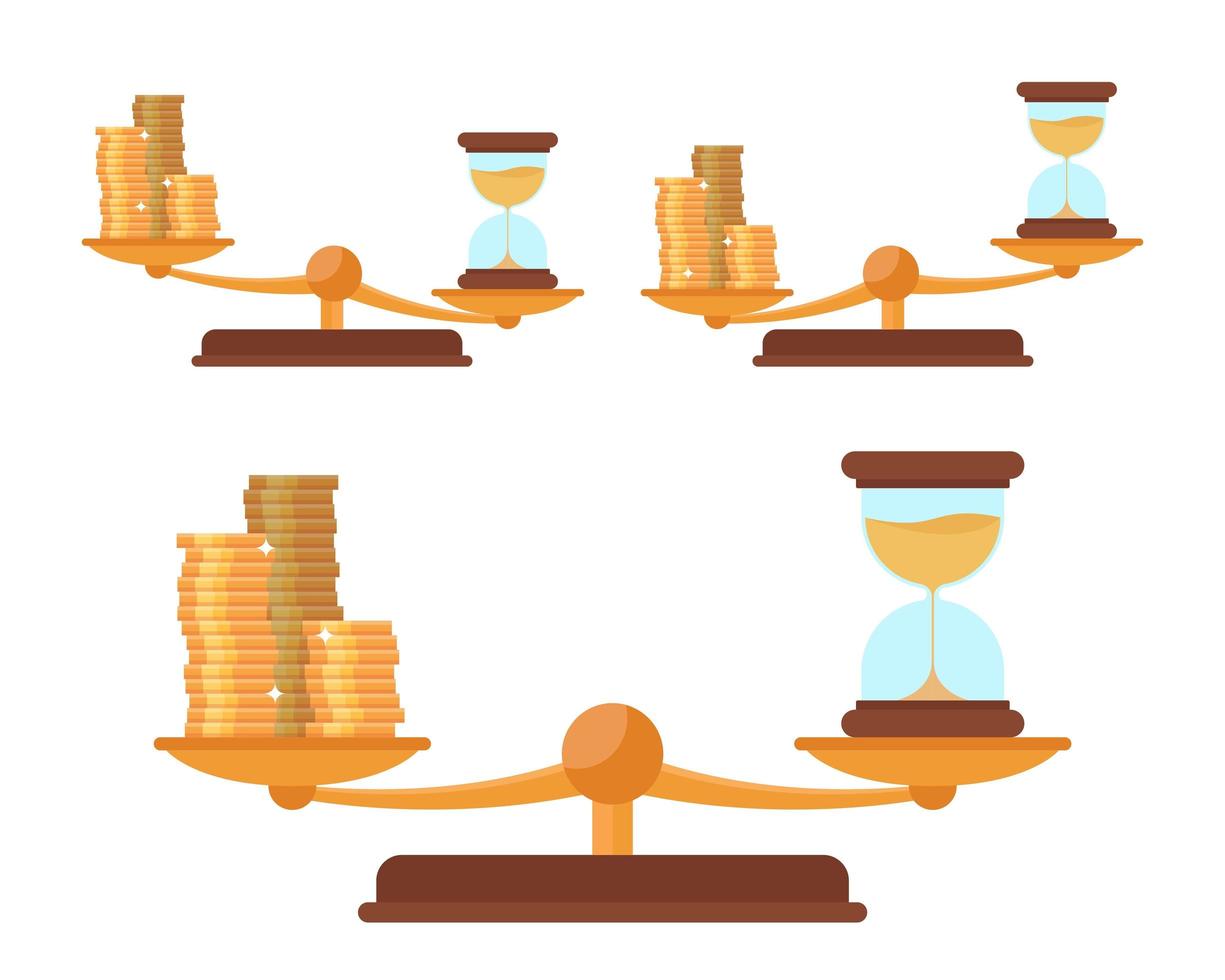 Balance scale with gold coins and hourglass vector