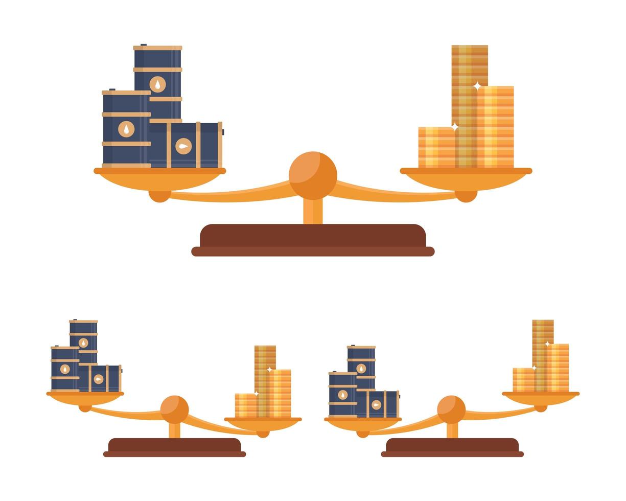 balanza con monedas de oro y barriles de petróleo vector